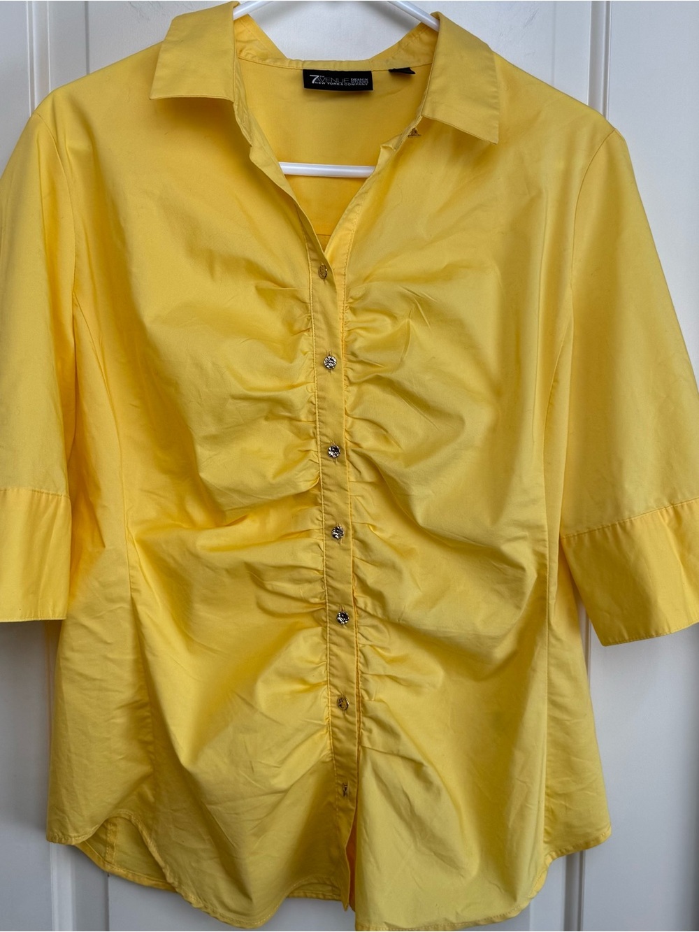 New York & Co 7th Avenue Yellow Ruched Button Down Shirt L Stretch Cotton